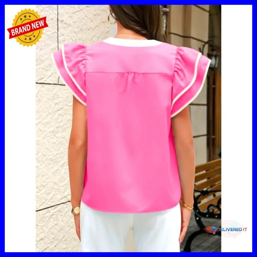 Ruffle Color Block Blouse Floral Print V Neck Pleated Loose Fit Summer Top - Picture 6 of 7